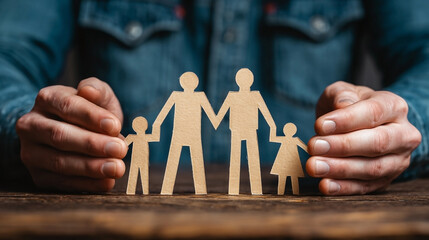 Two adult and two child paper figures held protectively by hands on a wooden surface