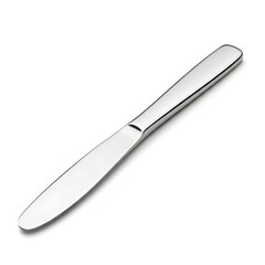 Elegant and shiny stainless steel dinner knife, a single piece of modern cutlery isolated on a clean white background