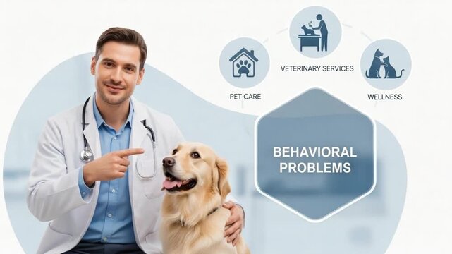 Veterinarian pointing at a golden retriever with icons for pet care and veterinary services around it