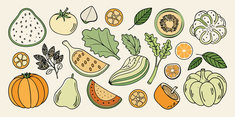 Collection of fresh fruits and vegetables artistically hand drawn and colored for healthy eating inspiration
