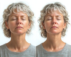 Before and after facial rejuvenation.  A woman's face in two images, one representing a younger, fresher look