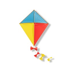 A colorful diamond kite with a blue, yellow, and red design, featuring small red and yellow bows trailing, isolated on a white background