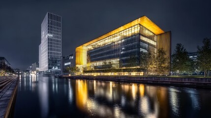 Obraz premium Modern glass building illuminated at night, reflected in a calm water canal with urban surroundings