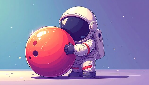 Cute astronaut holding a bowling ball in space (1)