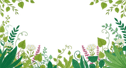 Obraz premium Lush Greenery Border with Flowers and Leaves Floral Frame for Website Design or Invitation