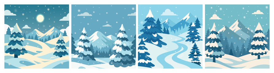 Obraz premium A vector set of winter landscapes. Beautiful views of snow-covered forests and mountains. Suitable for advertising, Christmas and New Year cards, seasonal promotions, banners, and greetings