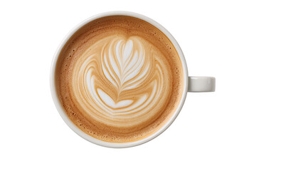 Close-up of a hot foamy cappuccino in a brown cup with a wooden spoon isolated on a white background