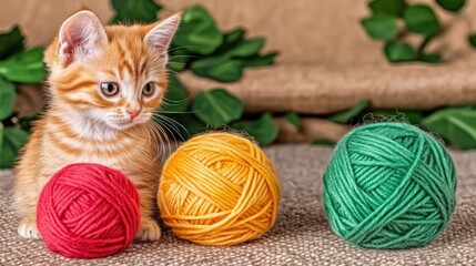 A playful kitten is engaged with a ball of yarn on the living room floor, basking in warm sunlight filtering through the window. Its curiosity shines in the cozy setting