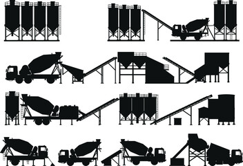 Naklejka premium silhouette, concrete, batching, plant, cement, mixer, truck, silo, conveyor, hopper, industrial, structure, vector, black, icon, design, engineering, project, infrastructure, machinery
