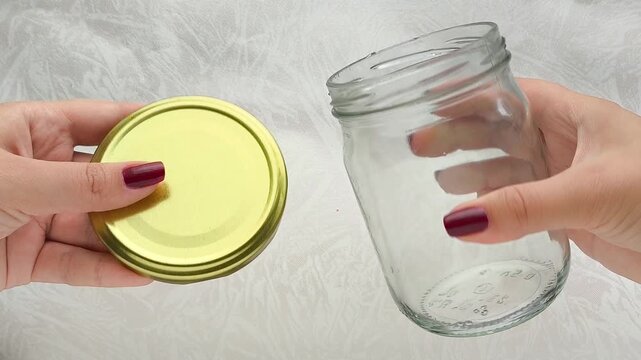 A gold metal lid for cans and a glass jar in a woman's hand