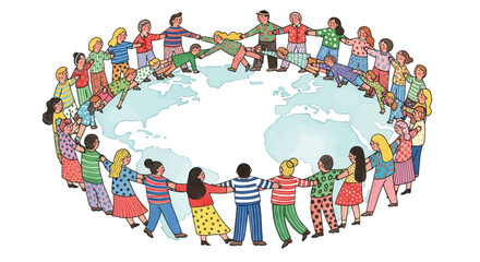 People Holding Hands Around the World Globe Illustration Unity Diversity Global Community Cooperation