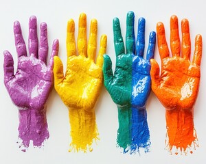 Colorful painted hands on white background