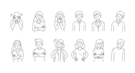 People Showing Sadness and Worry Emotions Line Art Vector Illustration Set for Design