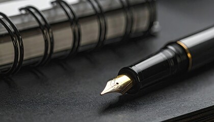 Fountain Pen with Gold Nib Next to Spiral Notebook on Dark Textured Surface Business Concept Photography