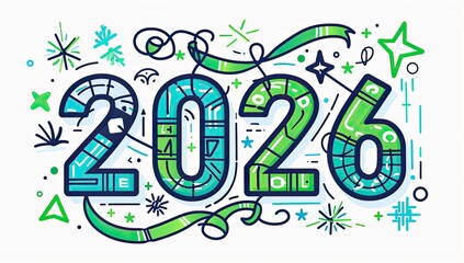 A vibrant illustration of the year 2026, styled with a modern, line-art design and embellished with celebratory elements like ribbons, stars, and fireworks