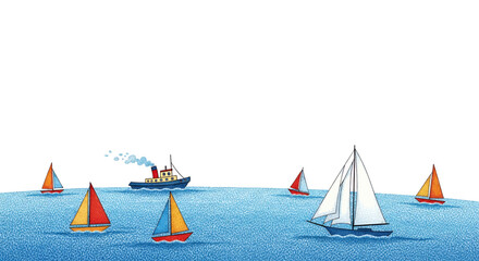Sailboats and Tugboat on Blue Water Illustration of Summer Vacation and Maritime Travel