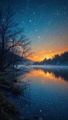 Naklejka premium a tranquil lake mirroring a vast twilight sky