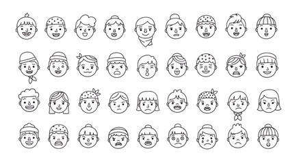 Set of Cartoon Boy Faces with Different Expressions and Hairstyles Line Art Vector Illustration