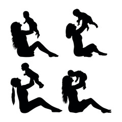 Mother and Baby Silhouette Collection - Loving Mom Playing and Sitting with Child