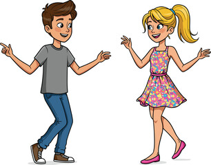 Cartoon boy and girl dancing together, happy couple illustration, joyful kids movement, colorful outfit, friendship, fun party celebration scene