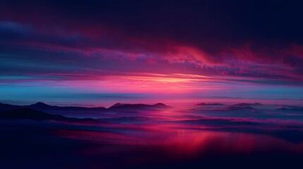Fototapeta premium Majestic mountains rise from a sea of mist under a dramatic sunset sky, casting a serene and ethereal glow over the landscape