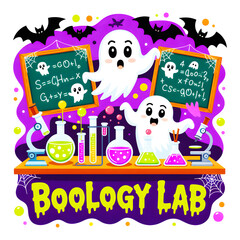 Fototapeta premium Cute halloween booology lab ghosts with science equipment and chalkboards isolated on transparent background