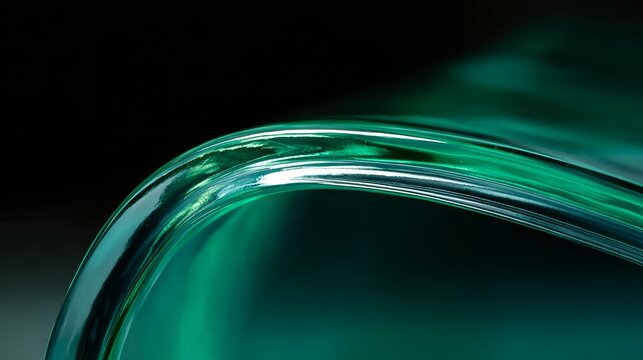 Close-up of a curved green glass surface with reflective highlights against a dark background