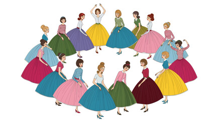 Vintage Style Women Dancing in a Circle Illustration for Fashion and Celebration Concepts