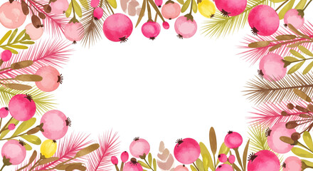 Watercolor Floral Frame with Pink Berries and Greenery Festive Holiday Border Design