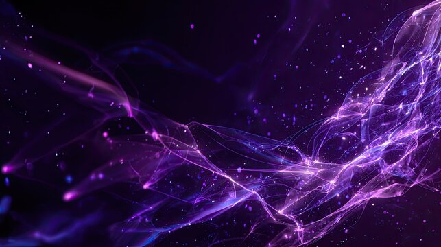 Abstract cosmic energy flow with glowing purple and pink particles on a dark background.