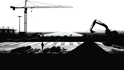 silhouette, construction, crane, excavator, column, scaffold, worker, material, stack, site, framework, vector, black, icon, design, architecture, project, industrial, engineering, development