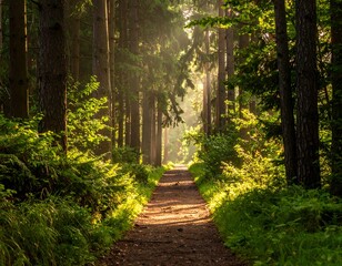 Obraz premium Sunlight path through a misty forest