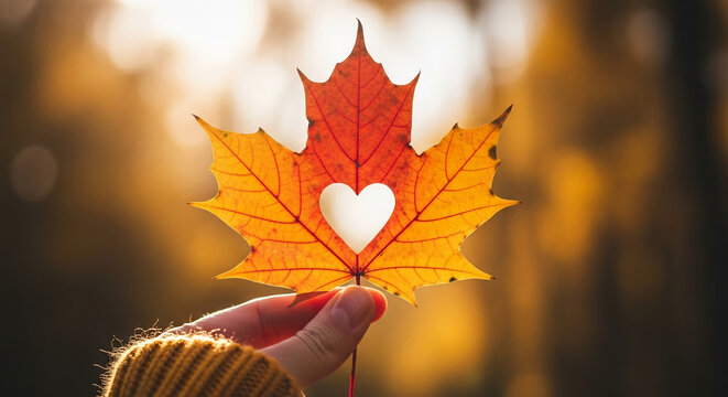 Autumn maple leaf with heart cutout, held in hand against blurred fall background, symbolizes love and nature's beauty, perfect for Valentine's Day or autumn themes