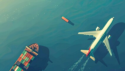 High-angle view of a cargo ship and airplane over water, illustrating global trade and transportation