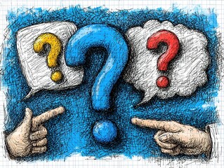 Hand-drawn illustration of two people pointing at a large central question mark.