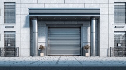 Facade of modern building with roller shutter and columns. Perfect for warehouse, factory, or garage door depictions.
