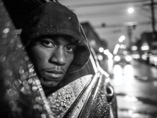 Fototapeta premium Moody black and white portrait of man wearing hoodie with rain droplets on car window reflecting city lights at night creating a dramatic urban atmosphere.