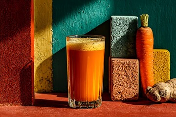 Orange carrot juice in glass with fresh carrot and ginger image
