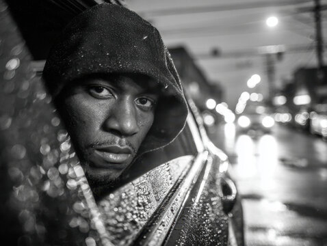 Moody black and white portrait of man wearing hoodie with rain droplets on car window reflecting city lights at night creating a dramatic urban atmosphere.