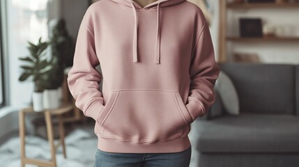 Person wearing a pink hoodie with hands in pockets indoors.