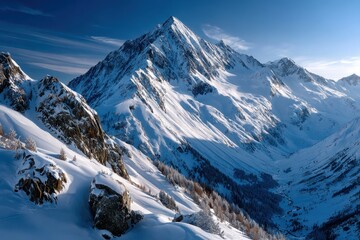 Snowy mountain peak under blue sky