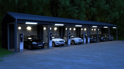 A modern charging station showcases dynamic architecture and glowing LED lighting, complementing a sleek futuristic car in a vibrant cityscape at night