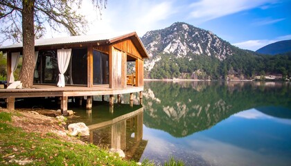 Lakeside cabin on tranquil lake