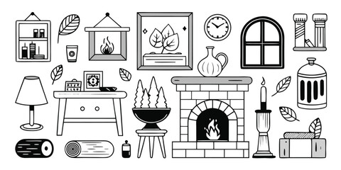 Collection of cozy hand-drawn home decor elements featuring fireplace and furniture