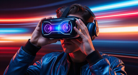 Man in blue jacket using virtual reality headset against a vibrant light trail background, showcasing immersive technology and futuristic gaming experiences