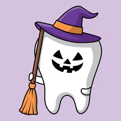 Witch Tooth With Purple Hat and Broom Vector Illustration