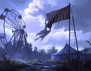 Spooky Halloween Ghostly Carnival Scene Scary Atmosphere with Abandoned Ferris Wheel and Tent