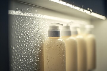 Row of bottles with pumps on a shelf with condensation.