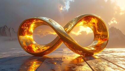 Obraz premium Golden infinity symbol glows against a dramatic sky with clouds, light, mountains. Image emphasizes concept of endlessness, time, eternity