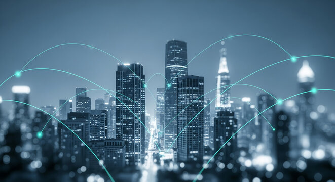 Night cityscape with glowing lines connecting buildings, symbolizing global network, communication, and technological advancement